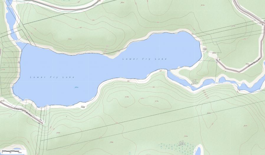 Topographical Map of Lower Fry Lake in Municipality of Monteith and the District of Parry Sound